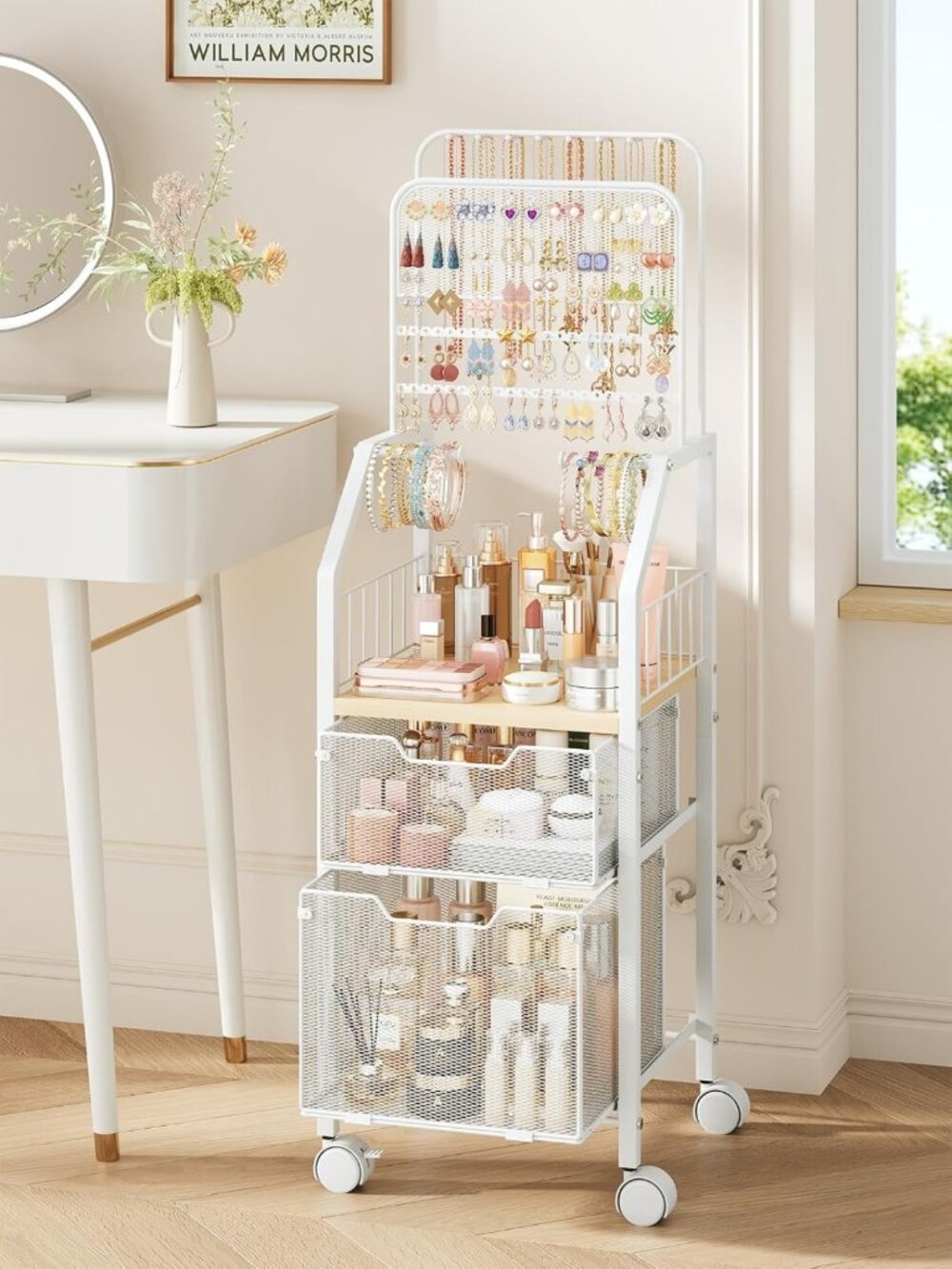 Stylish Rolling Jewelry & Makeup Organizer Cart with Spacious Drawer, Metal